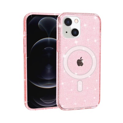 For iPhone 14 PLUS Glitter Ultra [Magnetic Circle] Thick 3mm Transparent Hybrid - Pink