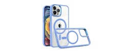 For iPhone 14 PLUS Greatest Clear Acrylic [Magnetic Circle] ShockProof ToughThick Metal Button Hybrid - Light Blue