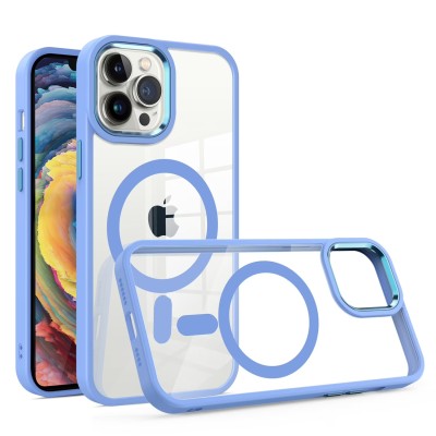 For iPhone 14 PLUS Greatest Clear Acrylic [Magnetic Circle] ShockProof ToughThick Metal Button Hybrid - Light Blue