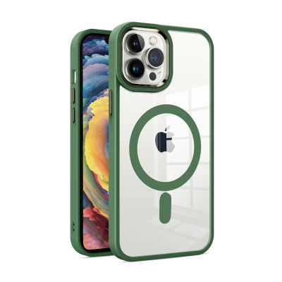 For iPhone 14 PLUS Greatest Clear Acrylic [Magnetic Circle] ShockProof ToughThick Metal Button Hybrid - Midnight Green