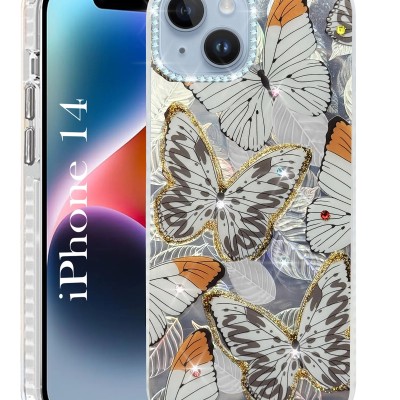 For iPhone 14 PLUS Hot New Silver Printing Design Hybrid Case Cover - MultiColor Butterfly