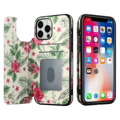 For iPhone 14 PLUS Luxury Side Magnetic Button Card ID Holder PU Leather Case Cover - Foral B