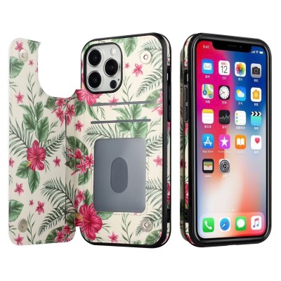 For iPhone 14 PLUS Luxury Side Magnetic Button Card ID Holder PU Leather Case Cover - Foral C