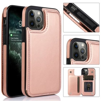 For iPhone 14 PLUS Luxury Side Magnetic Button Card ID Holder PU Leather Case Cover - Rose Gold