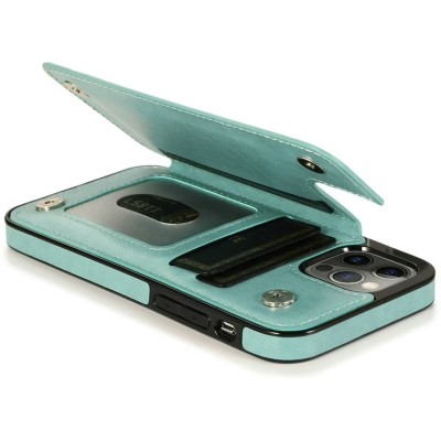 For iPhone 14 PLUS Luxury Side Magnetic Button Card ID Holder PU Leather Case Cover - Teal Mandala Flower