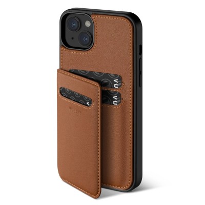 For iPhone 14 PLUS Luxury Vertical Magnetic Button Card ID Holder PU Leather Case Cover - Brown