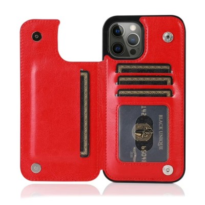For iPhone 14 PLUS Luxury Vertical Magnetic Button Card ID Holder PU Leather Case Cover - Red