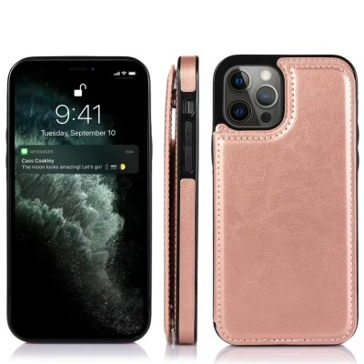 For iPhone 14 PLUS Luxury Vertical Magnetic Button Card ID Holder PU Leather Case Cover - Rose Gold