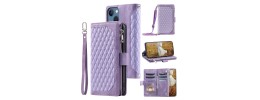 For iPhone 14 PLUS Luxury Wallet Card ID Zipper Money Holder Case Cover - Dark Purple