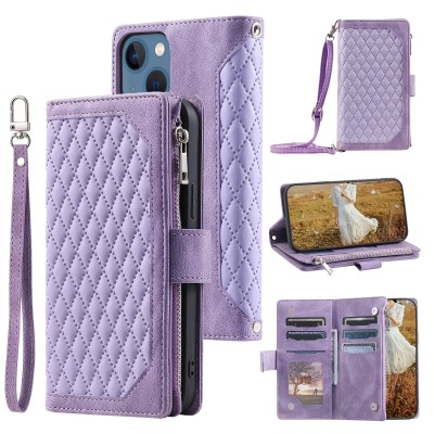 For iPhone 14 PLUS Luxury Wallet Card ID Zipper Money Holder Case Cover - Dark Purple