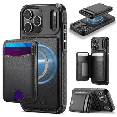 For iPhone 14 PLUS Multi-Functional Cards Slot Wrist Strap Vegan Leather Case Cover - Black