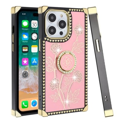 For iPhone 14 PLUS Passion Square Hearts IMD Design with Diamond Ring Stand Case Cover - E