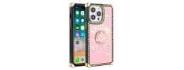 For iPhone 14 PLUS Passion Square Hearts Smiling Diamond Ring Stand Case Cover - Pink
