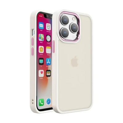 For iPhone 14 PLUS Polished Oil Thick Acrylic Metal Button Hybrid Case Cover - Beige