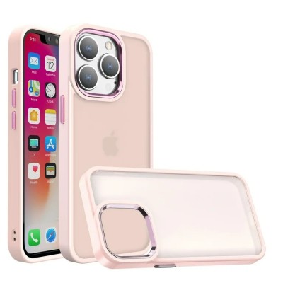 For iPhone 14 PLUS Polished Oil Thick Acrylic Metal Button Hybrid Case Cover - Light Pink