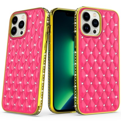 For iPhone 14 PLUS Radiant Chrome Diamonds Hybrid Case Cover - Hot Pink