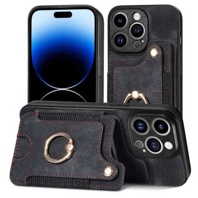 For iPhone 14 PLUS Retro Wallet Card Holder Case Cover - Black