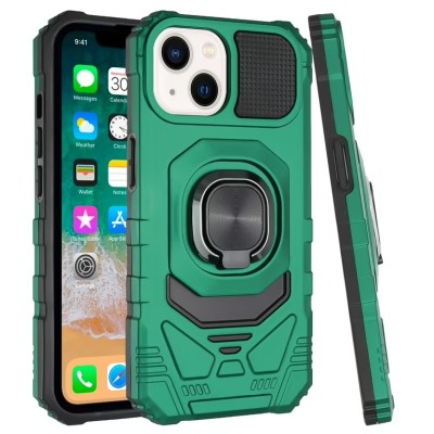 For iPhone 14 PLUS Robotic Hybrid with Magnetic Ring Stand Case Cover - Midnight Green