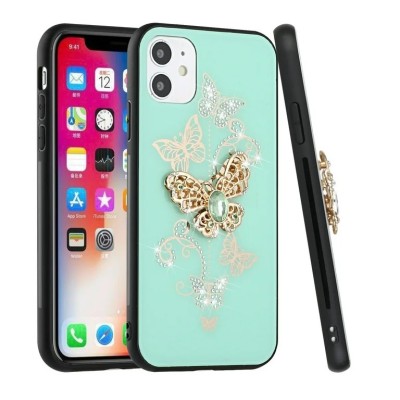 For iPhone 14 PLUS SPLENDID Diamond Glitter Ornaments Engraving Case Cover - Garden Butterflies Teal