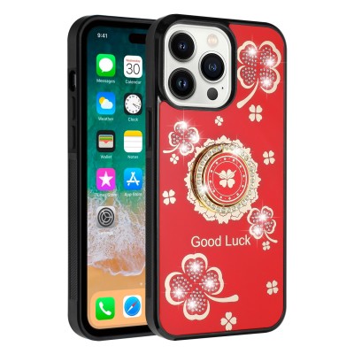 For iPhone 14 PLUS SPLENDID Diamond Glitter Ornaments Engraving Case Cover - Good Luck Floral Red