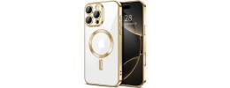 For iPhone 14 PLUS SQUARE Hearts Passion [Magnetic Circle] Design Ornaments Chrome Hybrid - Gold