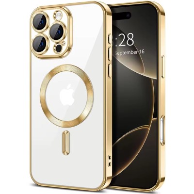 For iPhone 14 PLUS SQUARE Hearts Passion [Magnetic Circle] Design Ornaments Chrome Hybrid - Gold