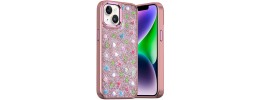 For iPhone 14 PLUS Stick-On Embedded Glass Diamonds of Colorful Floral Arrangement HQ Hybrid Case - Purple