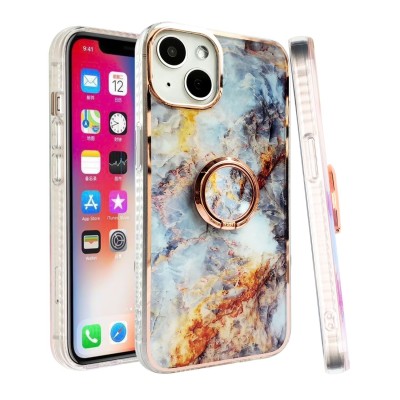 For iPhone 14 PLUS Superior RoseGold Chromed Edge IMD Ring Stand Design Case Cover - D