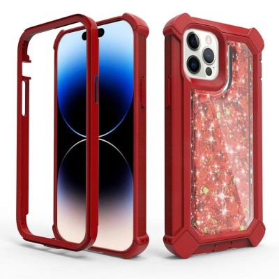 For iPhone 14 PLUS Twinkle Liquid Glitter 3in1 Hybrid Case Cover - Red