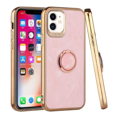 For iPhone 14 PLUS Unique IMD Design Magnetic Ring Stand Cover Case - Mesh Marble on Pink