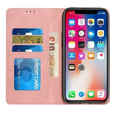 For iPhone 14 PLUS Wallet Premium PU Vegan Leather ID Multiple Card Holder Money with Strap - Rose Gold