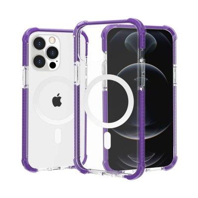 For iPhone 14 PRO 6.1" Acrylic [Magnetic Circle] Tough 2.5mm Transparent ShockProof Hybrid - Purple