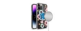 For iPhone 14 PRO 6.1" Beautiful Floral [Magnetic Circle] ShockProof Transparent Hybrid Design - A