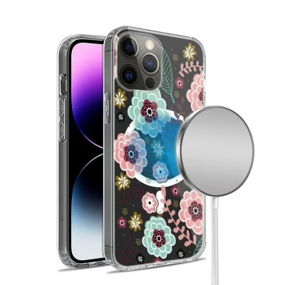 For iPhone 14 PRO 6.1" Beautiful Floral [Magnetic Circle] ShockProof Transparent Hybrid Design - C