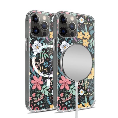 For iPhone 14 PRO 6.1" Beautiful Floral [Magnetic Circle] ShockProof Transparent Hybrid Design - D