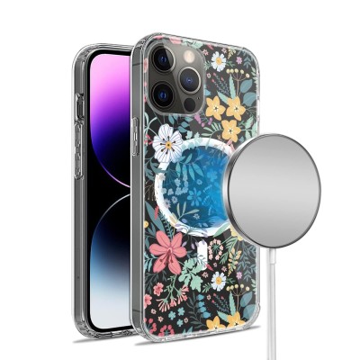 For iPhone 14 PRO 6.1" Beautiful Floral [Magnetic Circle] ShockProof Transparent Hybrid Design - H