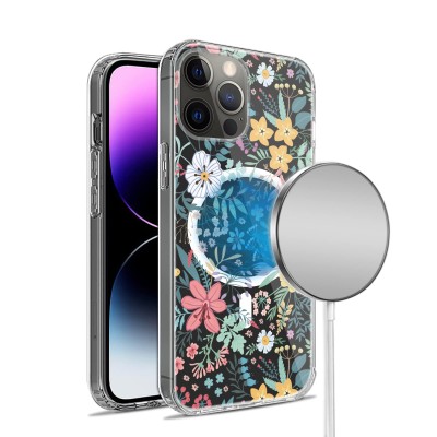 For iPhone 14 PRO 6.1" Beautiful Floral [Magnetic Circle] ShockProof Transparent Hybrid Design - I