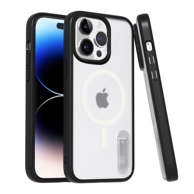 For iPhone 14 PRO 6.1" Dazzle [Magnetic Circle] Kickstand Alloy Chrome Transparent Hybrid - Black