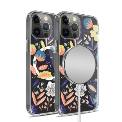 For iPhone 14 PRO 6.1" Design Quotation [Magnetic Circle] Transparent Shockproof Hybrid - Floral A