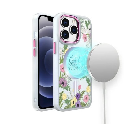 For iPhone 14 PRO 6.1" Design Quotation [Magnetic Circle] Transparent Shockproof Hybrid - Floral B