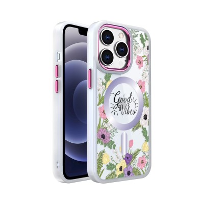 For iPhone 14 PRO 6.1" Design Quotation [Magnetic Circle] Transparent Shockproof Hybrid - Floral E