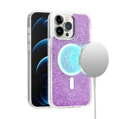For iPhone 14 PRO 6.1" Epoxy Glitter [Magnetic Circle] ShockProof Hybrid 2.5mm Thick - Hot Pink