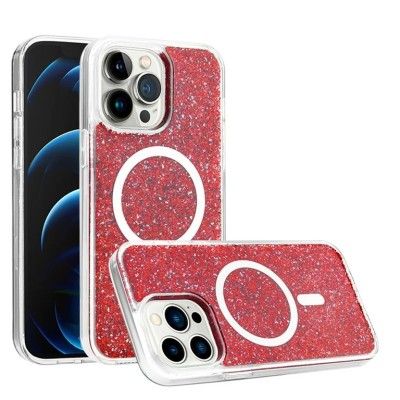 For iPhone 14 PRO 6.1" Epoxy Glitter [Magnetic Circle] ShockProof Hybrid 2.5mm Thick - Red
