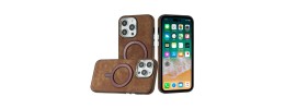 For iPhone 14 PRO 6.1" Fashion Chrome Edged Camera [Magnetic Circle] PU Leather Hybrid - Brown