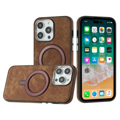 For iPhone 14 PRO 6.1" Fashion Chrome Edged Camera [Magnetic Circle] PU Leather Hybrid - Brown