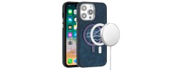 For iPhone 14 PRO 6.1" Fashion Chrome Edged Camera [Magnetic Circle] PU Leather Hybrid - Dark Blue