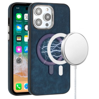 For iPhone 14 PRO 6.1" Fashion Chrome Edged Camera [Magnetic Circle] PU Leather Hybrid - Dark Blue