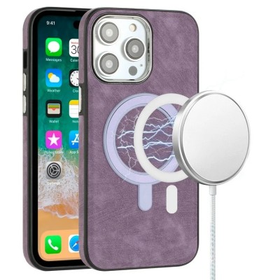 For iPhone 14 PRO 6.1" Fashion Chrome Edged Camera [Magnetic Circle] PU Leather Hybrid - Purple