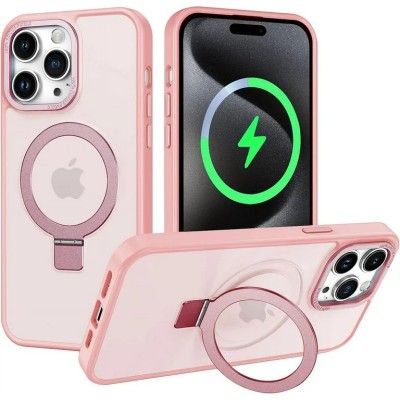 For iPhone 14 PRO 6.1" Frosted Two Tone [Magnetic Circle] ShockProof Transparent IMD Hybrid - Hot Pink