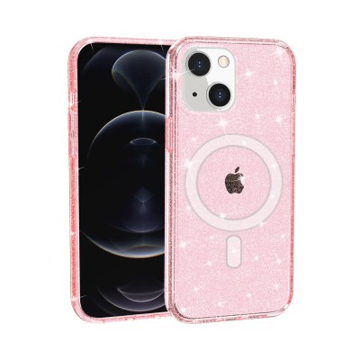 For iPhone 14 PRO 6.1" Glitter Ultra [Magnetic Circle] Thick 3mm Transparent Hybrid - Pink
